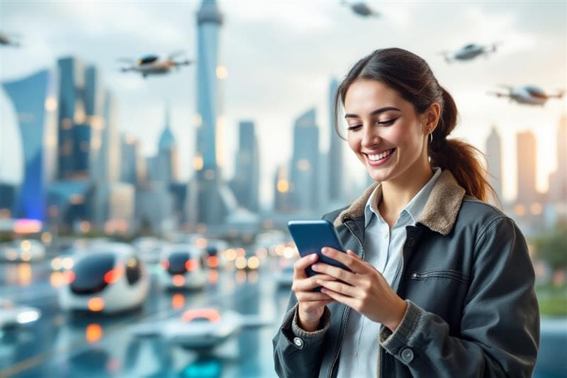 Girl holding app smiling